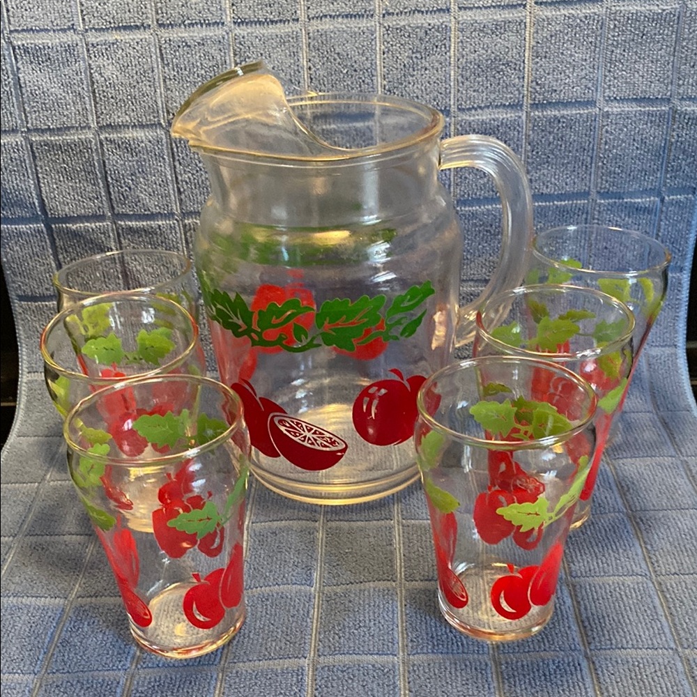 Glass Pitcher and Tumbler Set with Fruit Design